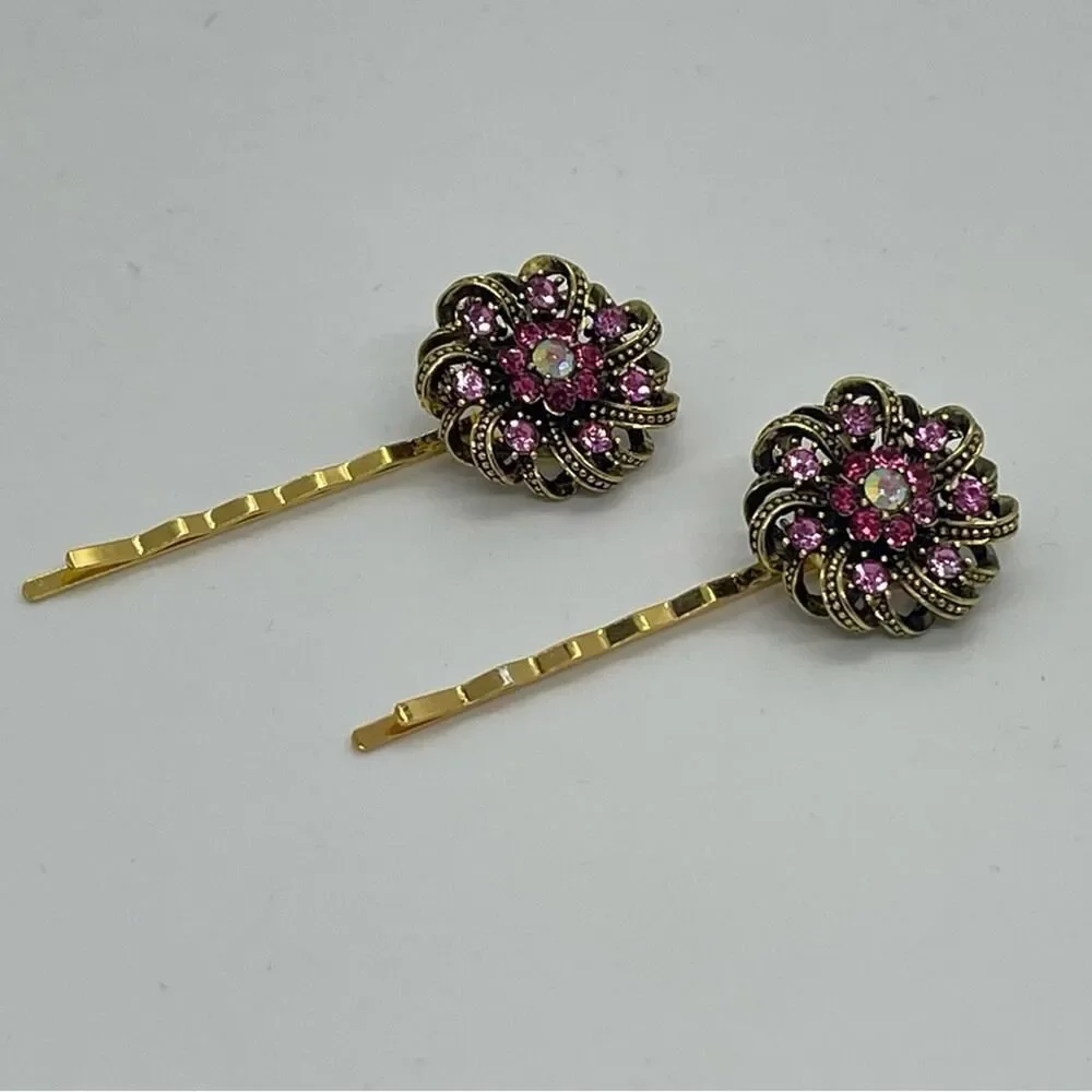 Handmade Pink Rhinestone Gold Set Hair Clips Jewelry NWT